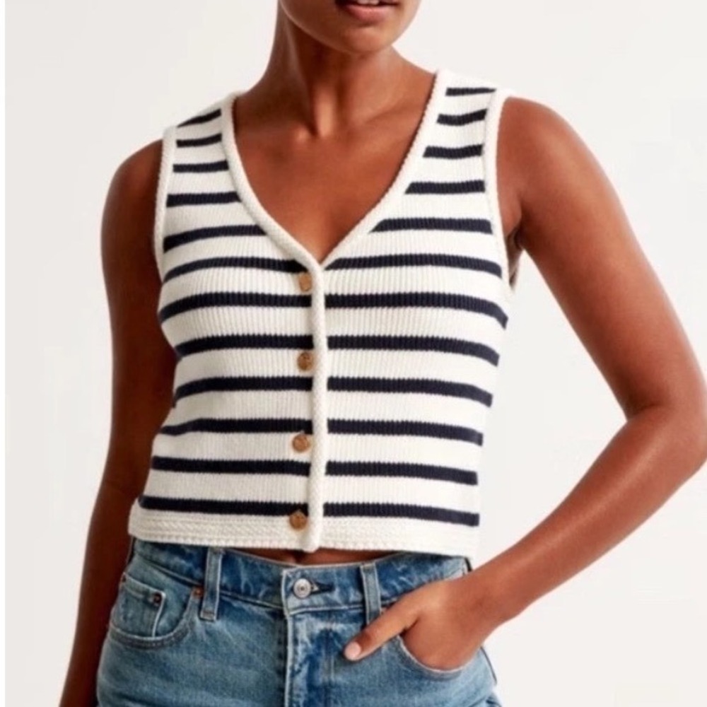 Abercrombie & Fitch Striped Button Front Sweater Vest Navy‎ White Gold Button XS
